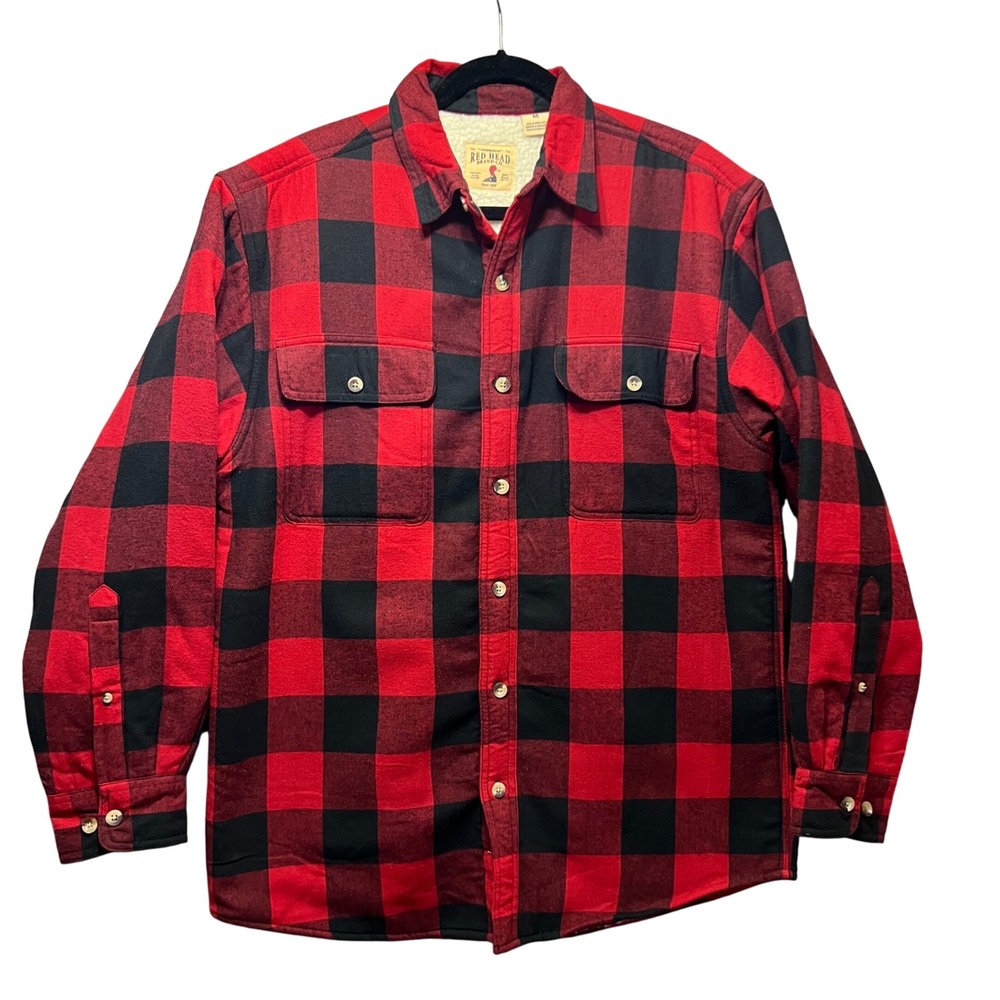 Red Head Mens Buffalo Plaid Flannel Sherpa‎ Lined Shirt Jacket M Shacket